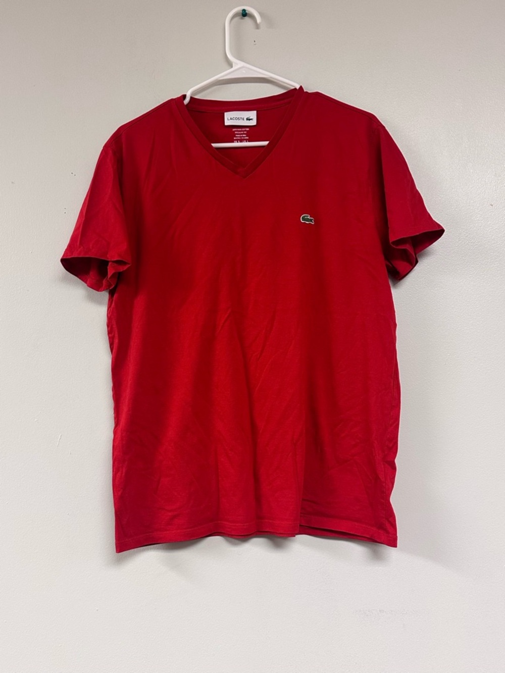 Lacoste Men's Red V-Neck Short Sleeve Tee with Crocodile Logo